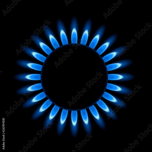 Realistic illustration of a circular gas burner with blue flame. black background - vector