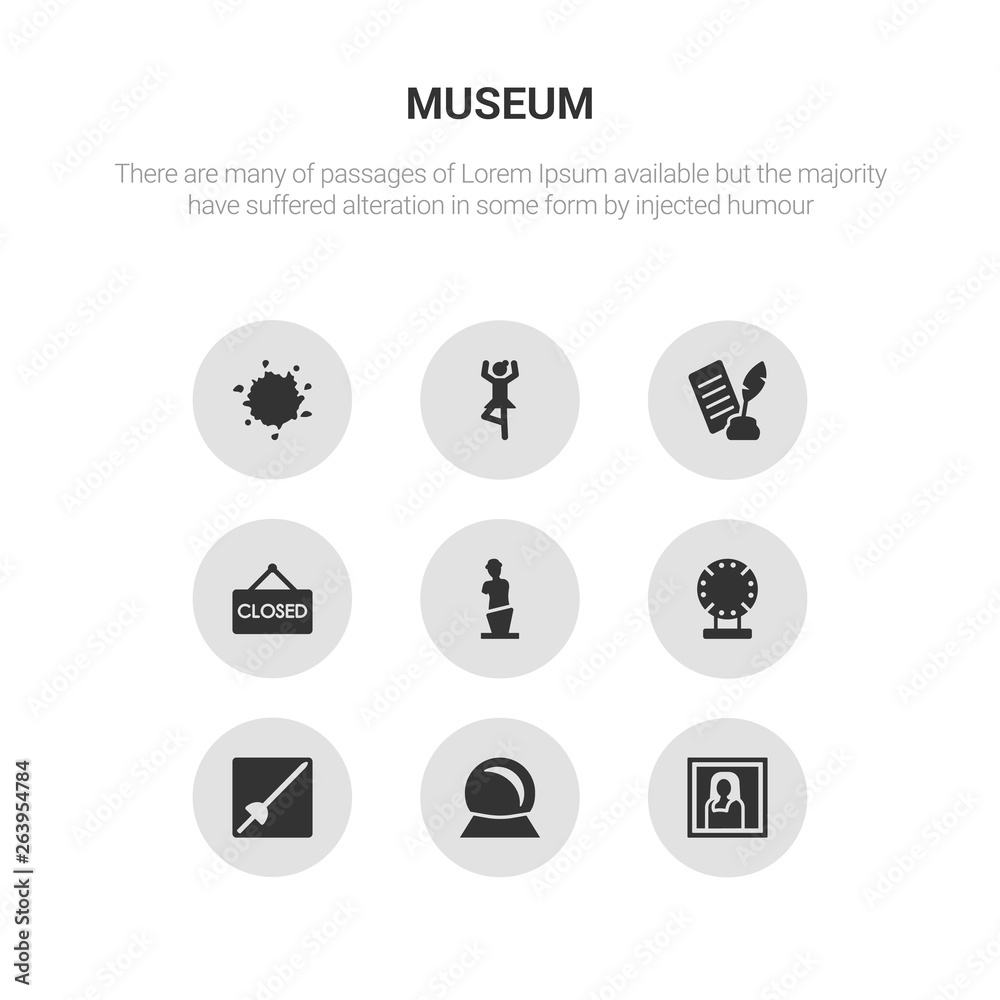 9 round vector icons such as gioconda, souvenir, museum fencing, porcelain, venus de milo contains closed, poetry, ballet, ink. gioconda, souvenir, icon3_, gray museum icons