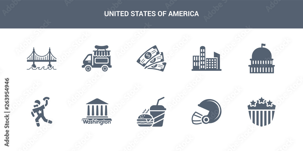 10 united states of america vector icons such as usa shield, rugby helmet, fast food, washington, american football contains capitol, cityscape, dollar, food truck, golden gate. united states of