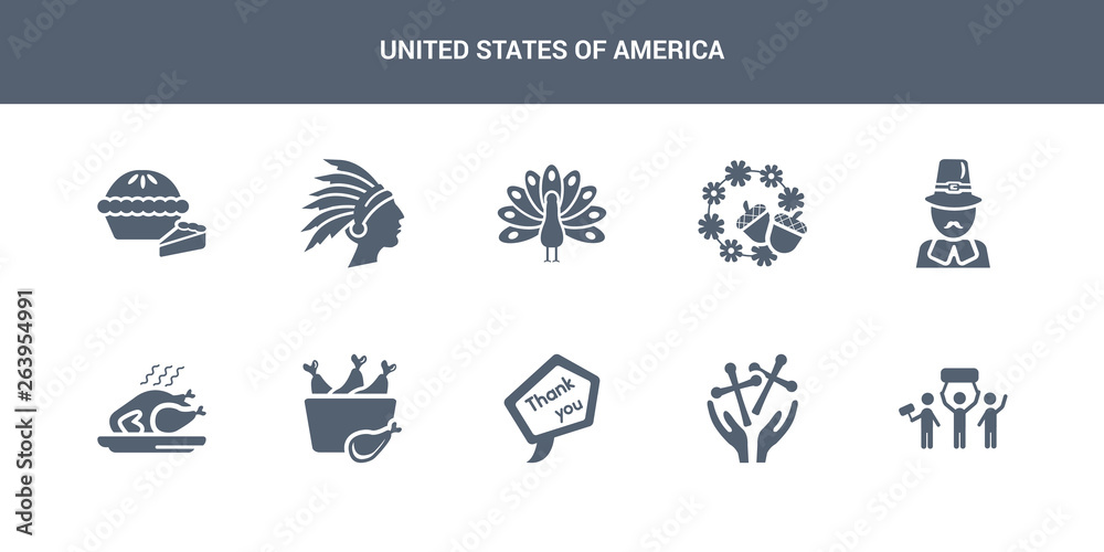 10 united states of america vector icons such as crowd march, blessings, thank you, turkey leg, roasted turkey contains pilgrim, thanksgiving ornament, thanksgiving peacock, american native, pumpkin