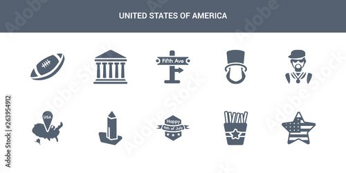 10 united states of america vector icons such as united states, french fries, 4th of july, washington monument, usa contains rapper, lincoln, fifth avenue, government, rugby ball. united states of