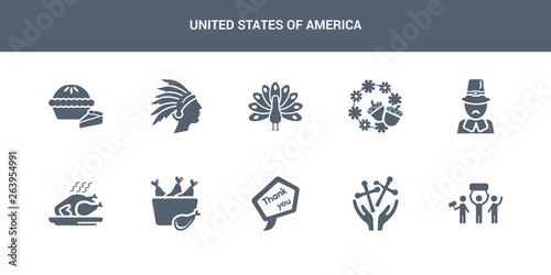 10 united states of america vector icons such as crowd march, blessings, thank you, turkey leg, roasted turkey contains pilgrim, thanksgiving ornament, thanksgiving peacock, american native, pumpkin