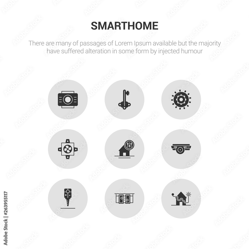 9 round vector icons such as alarm system, automated door, car key, cd player, control panel contains cooler, dimmer, door key, doorbell. alarm system, automated door, icon3_, gray smarthome icons