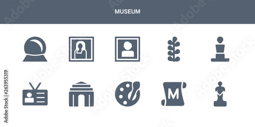10 museum vector icons such as statue, paper scroll, palette, antic architecture, visitor contains bust, botanical, portrait, gioconda, souvenir. museum icons