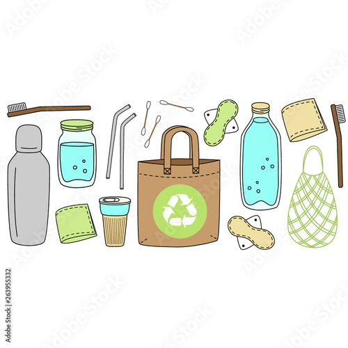 Cute hand drawn elements of no plastic, zero waste concept, eco lifestyle, go green theme