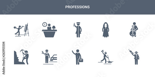10 professions vector icons such as mafia, maid, manager, mechanic, miner contains musician, nun, nurse, office worker, painter. professions icons