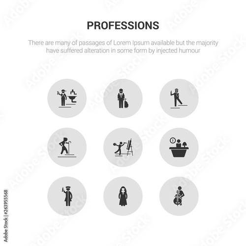 9 round vector icons such as musician, nun, nurse, office worker, painter contains pensioner, photographer, pilot, plumber. musician, nun, icon3_, gray professions icons