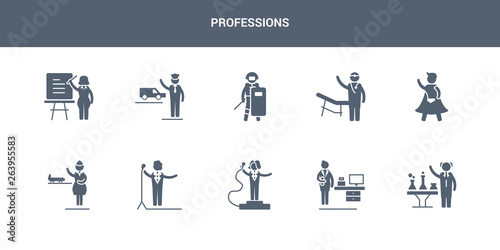 10 professions vector icons such as scientist, secretary, showman, singer, stewardess contains superhero, surgeon, swat, taxi driver, teacher. professions icons