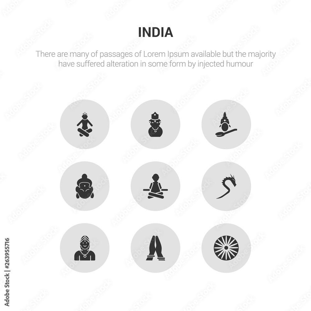 9 round vector icons such as ashoka, india mother, chandra, kali, guru contains krishna, saraswati, kartikeya, lakshmi. ashoka, india mother, icon3_, gray india icons