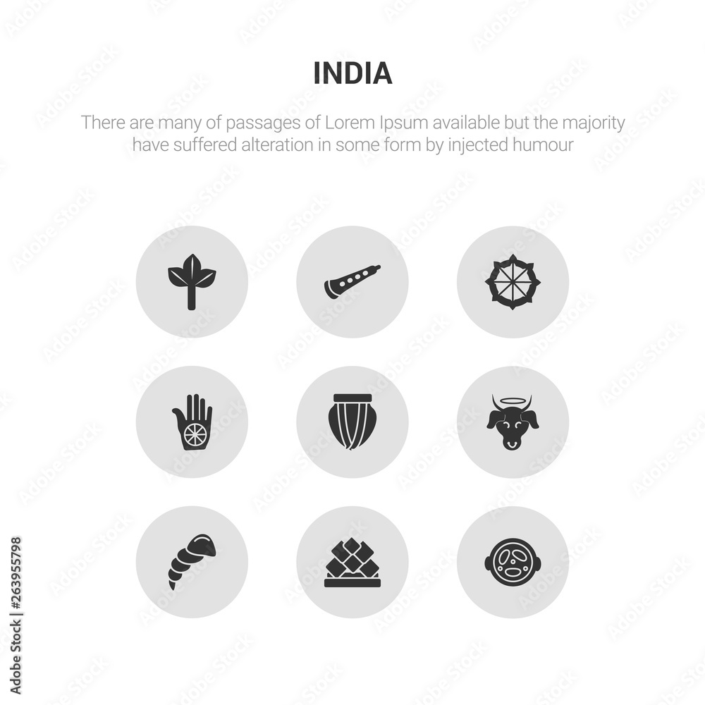9 round vector icons such as malai kofta, lotus temple, conch shell, sac cow, tablas contains karma, dharma, shehnai, bael tree. malai kofta, lotus temple, icon3_, gray india icons