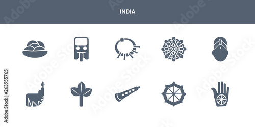 10 india vector icons such as karma, dharma, shehnai, bael tree, dipa contains bindi, mandala, devi, tuk tuk, kanji vadas. india icons