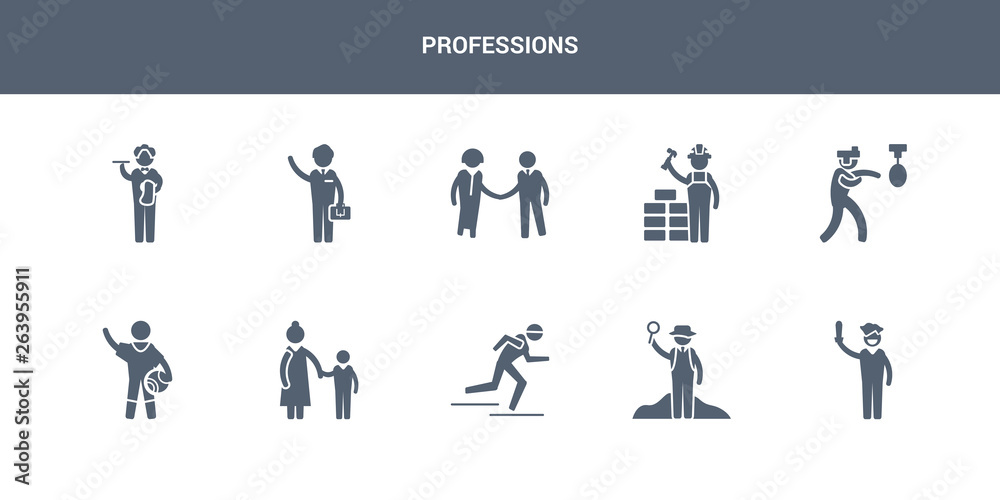10 professions vector icons such as actor, archeologist, athlete, baby sitter, basketball player contains boxer, builder, hr specialist, businessman, butler. professions icons