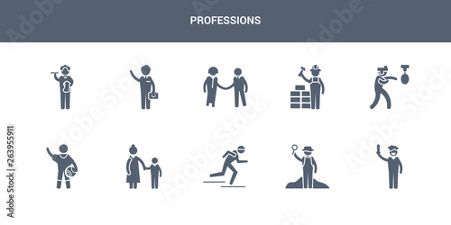 10 professions vector icons such as actor, archeologist, athlete, baby sitter, basketball player contains boxer, builder, hr specialist, businessman, butler. professions icons