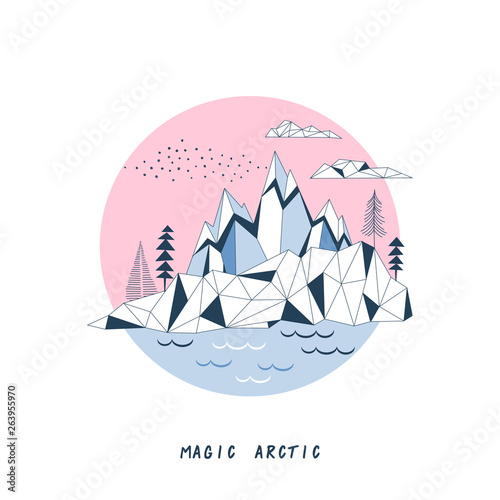 Arctic simple linear landscape. Water and mountains nordic view vector circle illustration. Antarctic nature isolated clip-art. Polar North scene background. Into the wild themed print. Wanderlust