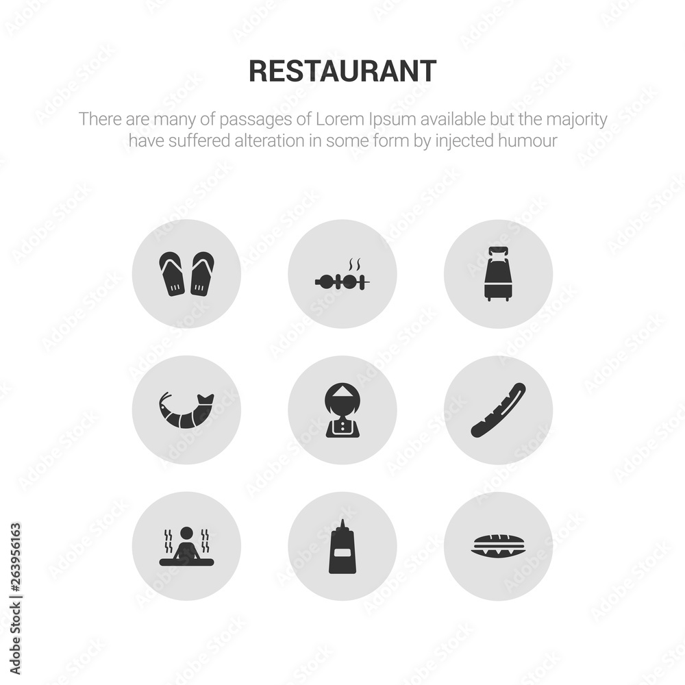 9 round vector icons such as sandwich, sauces, sauna, sausage, servant contains shrimp, single bed, skewer, slippers. sandwich, sauces, icon3_, gray restaurant icons 9 round vector icons such as sandwich, sauces, sauna, sausage, servant contains shrimp, single bed, skewer, slippers. sandwich, sauces, icon3_, gray restaurant icons