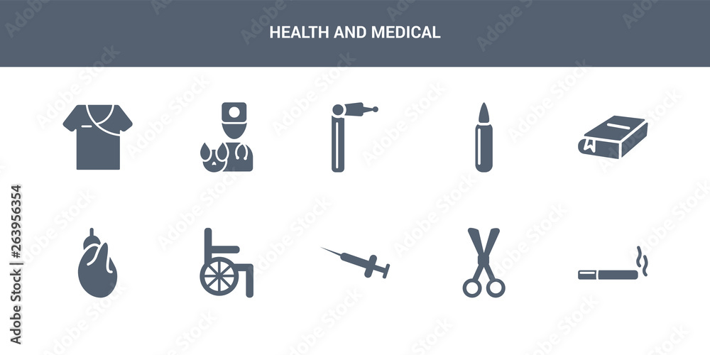 Φωτογραφία 10 health and medical vector icons such as serum, smoking, sperm, spermatozoon, sphygmomanometer contains stethoscope, stretcher, surgery, syringe, syrup