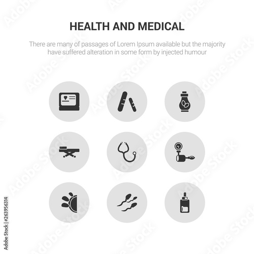 9 round vector icons such as medical shield, medical strip, medical substance, walker, medicines contains neurology, non ionizing radiation, ointment, ophthalmology. shield, strip, icon3_, gray