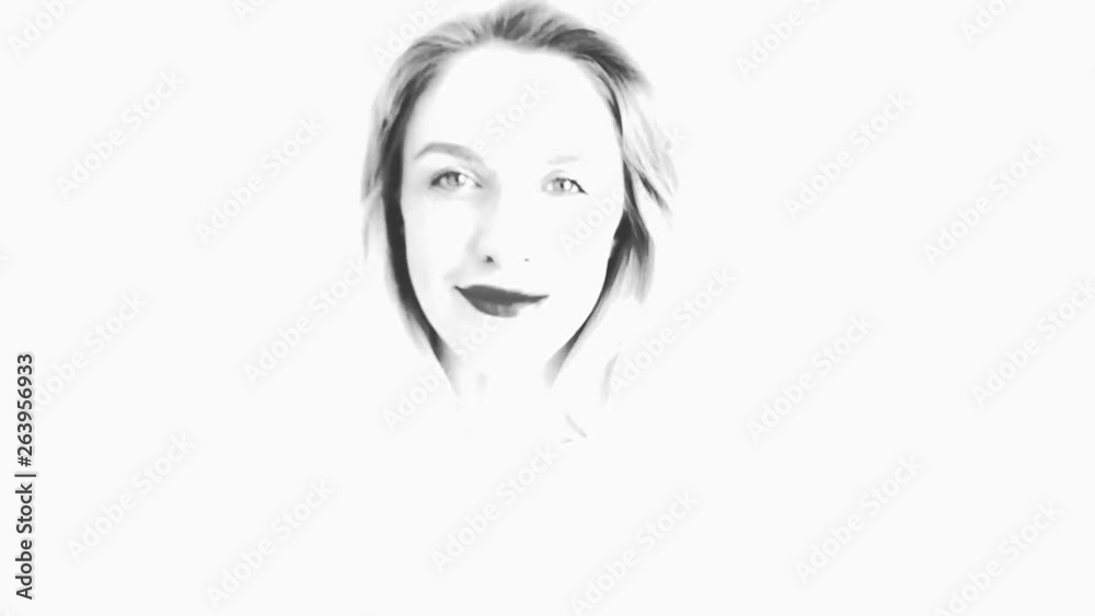 Beautiful woman with hair blowing in the wind. Change of emotions. Black and white sketch. Slow motion. Beautiful woman with hair blowing in the wind. Change of emotions. Black and white sketch. Slow motion.