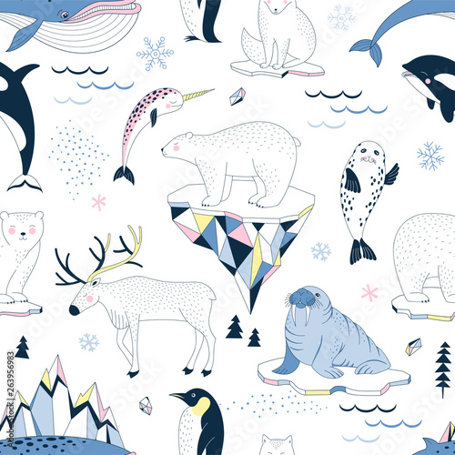 Seamless vector pattern with Polar Bear Walrus Penguin Narwal Seal Reindeer Killer Whale Arctic Fox Iceberg Snowflakes North Landscape elements. Arctic Wildlife background. Polar animals print