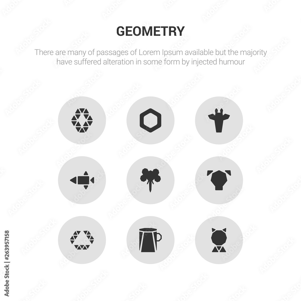 9 round vector icons such as polygonal cat, polygonal coffee cup, polygonal diamond shape of small triangles, dog, elephant contains fish shape of small triangles, giraffe, hexagon, hexagonal. cat,