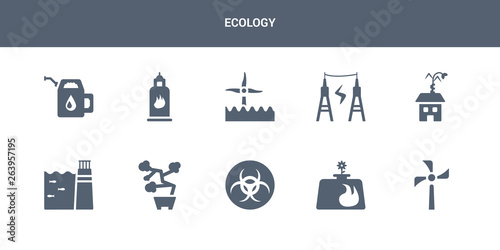 10 ecology vector icons such as wind turbine, biogas, biohazard, bonsai, dam contains eco house, energy, eolic energy, gas, gasoline. ecology icons
