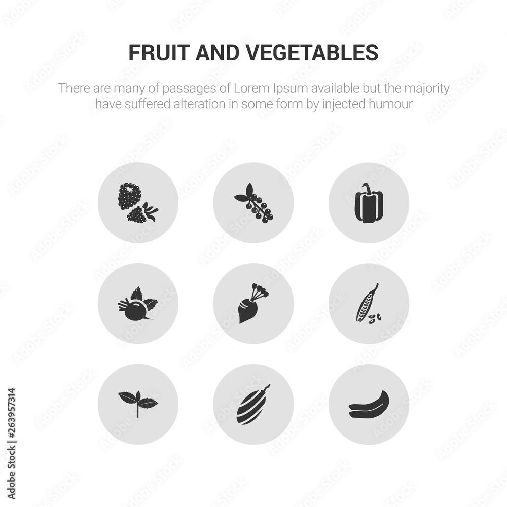 9 round vector icons such as banana, shallots, basil, beans, beet contains beetroot, bell pepper, berries, blackberry. banana, shallots, icon3_, gray fruit and vegetables icons
