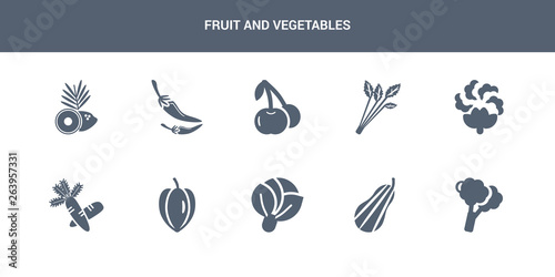 10 fruit and vegetables vector icons such as broccoli, butternut squash, cabbage, carambola, carrots contains cauliflower, celery, cherries, chili, coconut. fruit and vegetables icons