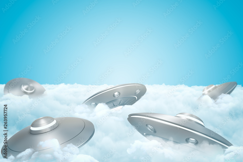Fototapeta premium 3d rendering of set of UFOs on thick layer of white fluffy clouds with blue sky above.