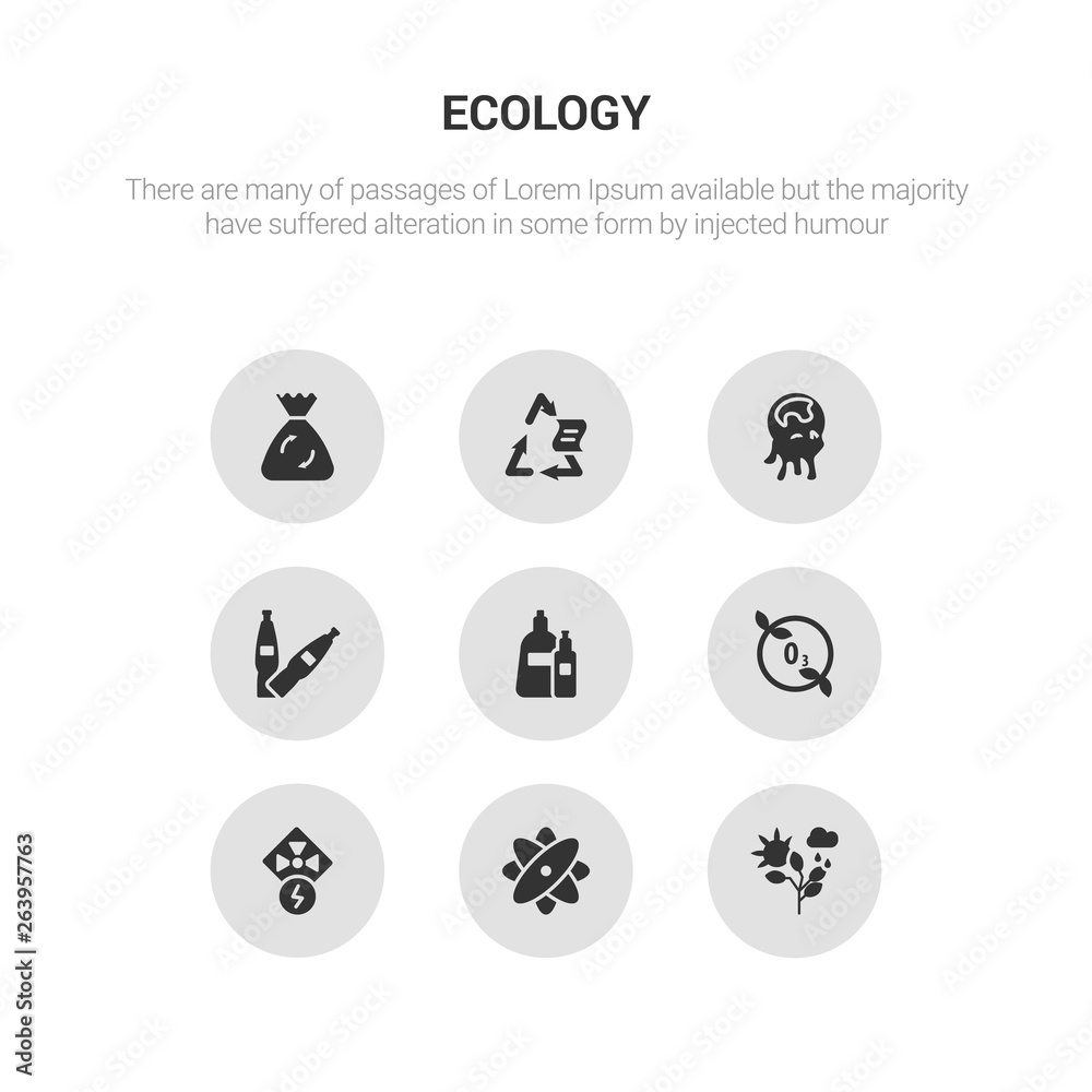 9 round vector icons such as nature, nuclear energy, nuclear power, ozone layer, plastic contains plastic bottle, pollution, recyclable, recycle bag. nature, nuclear energy, icon3_, gray ecology