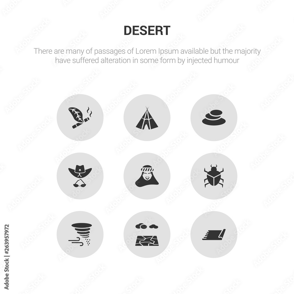 9 round vector icons such as rug, salty desert, sandstorm, scarab, sheik contains sheriff hat, stone, tepee, tobacco. rug, salty desert, icon3_, gray desert icons