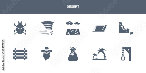 10 desert vector icons such as noose, oasis, old money bag, outlaw, paddock contains rock, rug, salty desert, sandstorm, scarab. desert icons