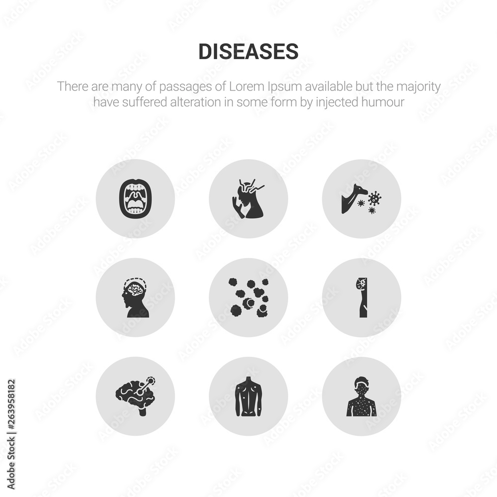 9 round vector icons such as lupus erythematosus, lyme disease, lymphogranuloma venereum, lymphoma, mad cow disease contains malaria, marburg fever, mattticular syndrome, measles. lupus