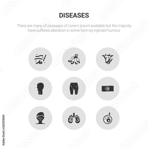 9 round vector icons such as leprosy, leptospirosis, leukemia, lice, limbtoosa contains listeriosis, loiasis, lung cancer, lupus. leprosy, leptospirosis, icon3_, gray diseases icons