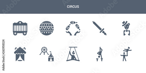 10 circus vector icons such as acrobat, acrobatics, aerialist, amusement park, arena contains assistant, balloon sword, bottle throw, circus ball, circus cage. icons