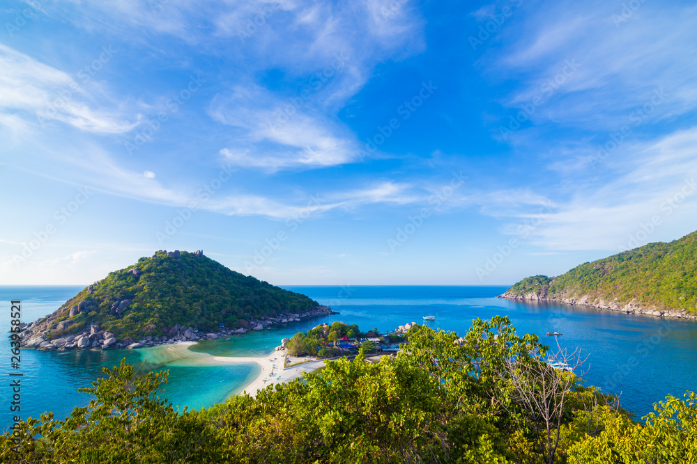 Seascape morning sunny day blue sky with idyllic island