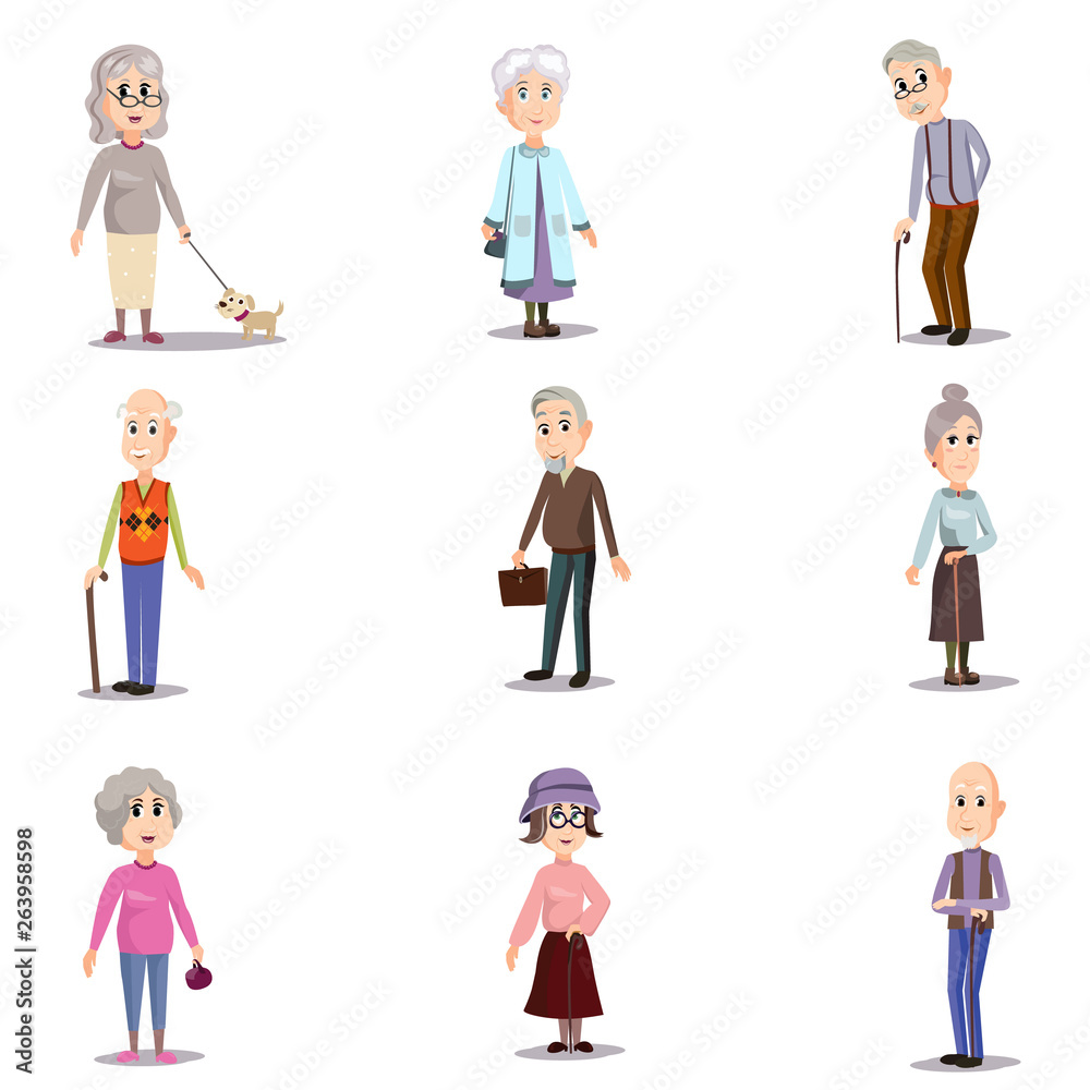 Set of senior character old modern woman and man