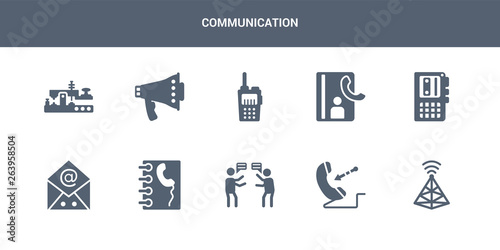 10 communication vector icons such as  , incoming call, quarrel, contact, emails contains voice recorder, contacts, transmitter, bullhorn, morse code. communication icons