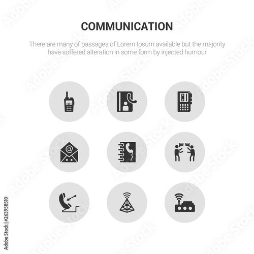 9 round vector icons such as wifi,  , incoming call, quarrel, contact contains emails, voice recorder, contacts, transmitter. wifi,  icon3_, gray communication