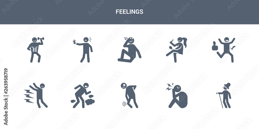 10 feelings vector icons such as optimistic human, overwhelmed human, pained human, pissed pissed off contains positive pretty proud pumped ready feelings icons