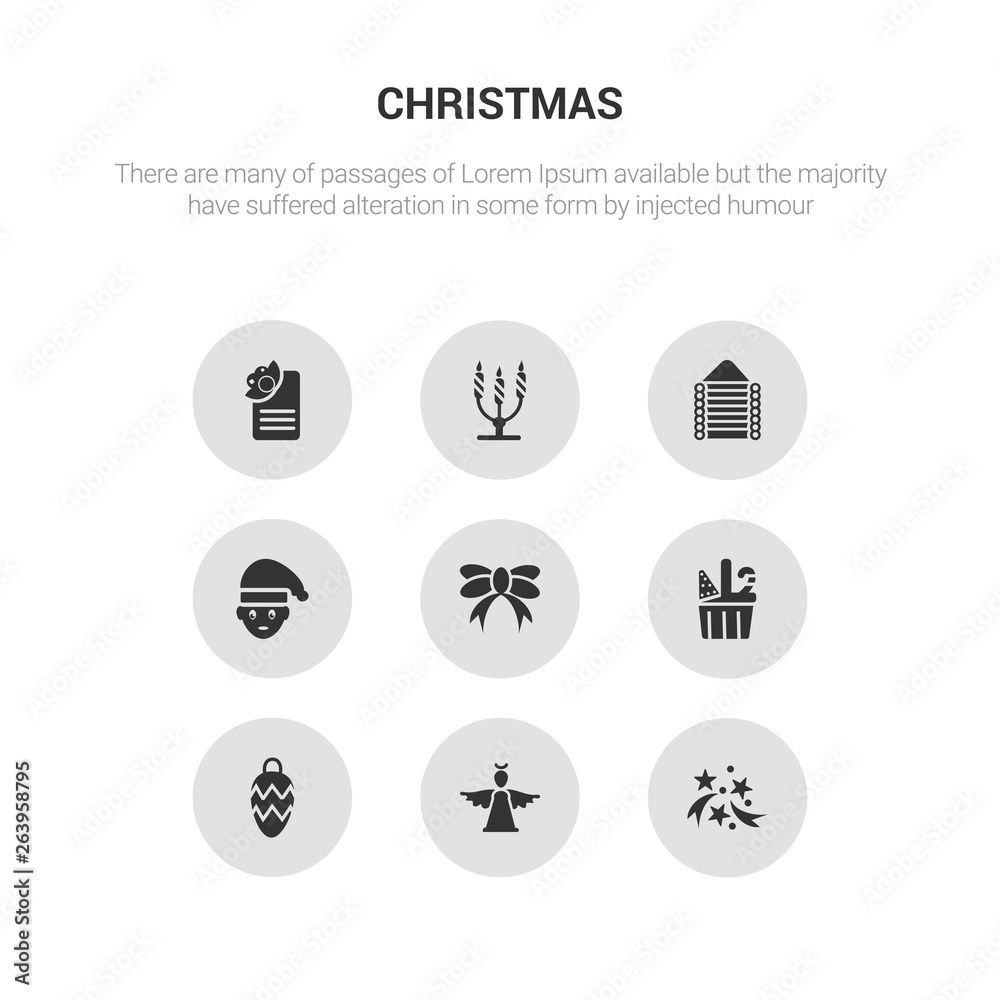 9 round vector icons such as celebration, christmas angel, christmas ball, christmas basket, bow contains boy, cabin, candelabra, card. celebration, angel, icon3_, gray icons