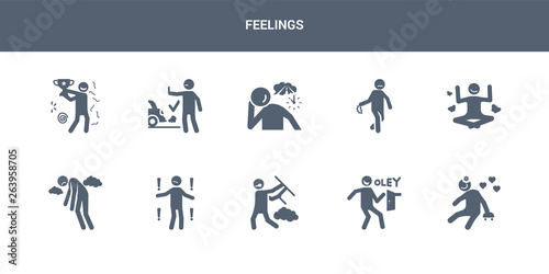 10 feelings vector icons such as lovely human, lucky human, mad human, meh miserable contains motivated nervous nostalgic ok old feelings icons