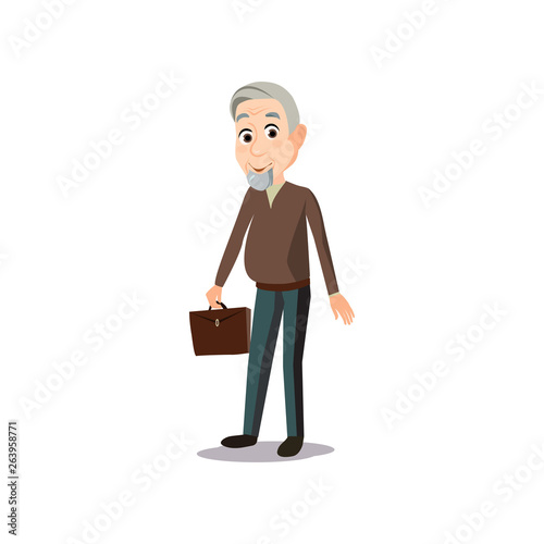Happy pensioner old man goes to work with leather