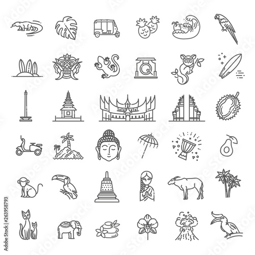 Indonesia icons set. Attractions, line design. Tourism in Indonesia, isolated vector illustration. Traditional symbols
