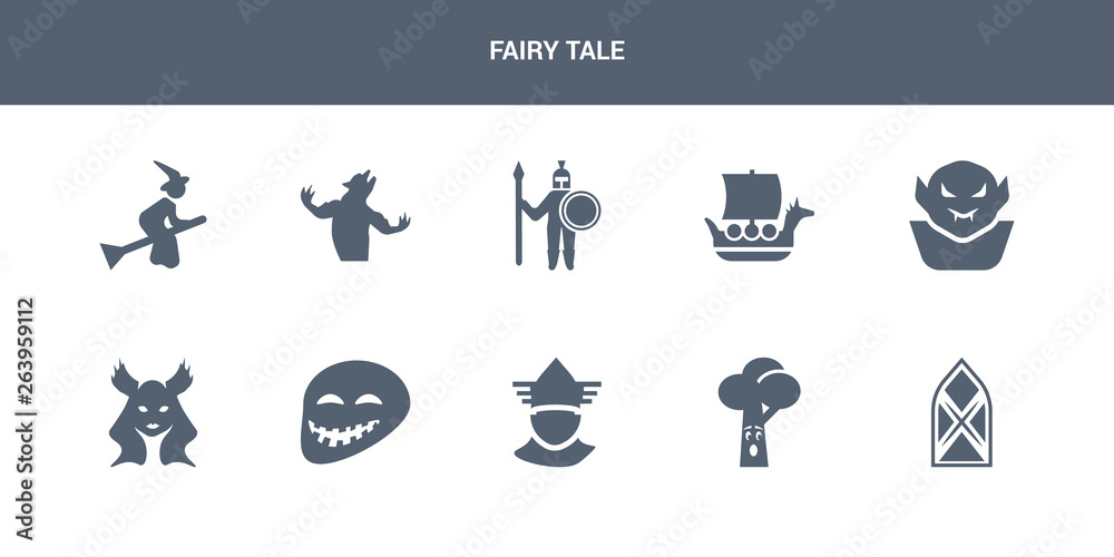 10 fairy tale vector icons such as stained glass, talking tree, thor, troll, valkyrie contains vampire, viking ship, warrior, werewolf, witch. fairy tale icons
