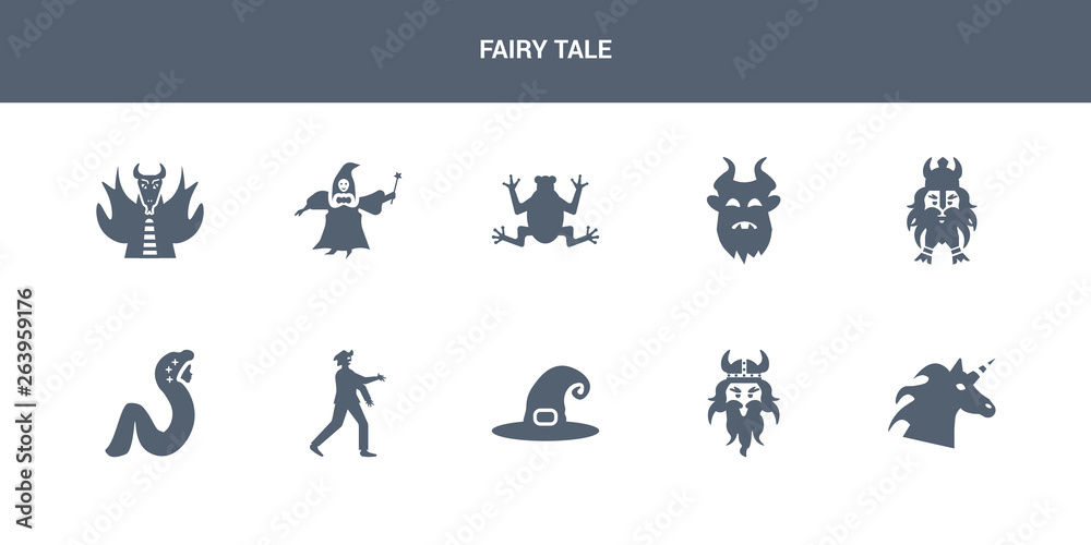 10 fairy tale vector icons such as unicorn, viking, witch hat, zombie, rapunzel contains dwarf, beast, toad, fairy godmother, myth. fairy tale icons
