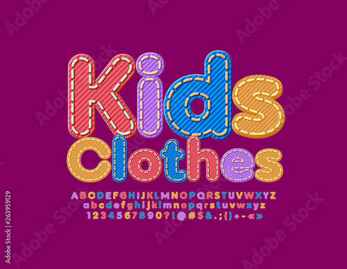 Vector denim emblem Kids Clothes with colorful Font. Jeans textured Alphabet Letters, Numbers and Symbols