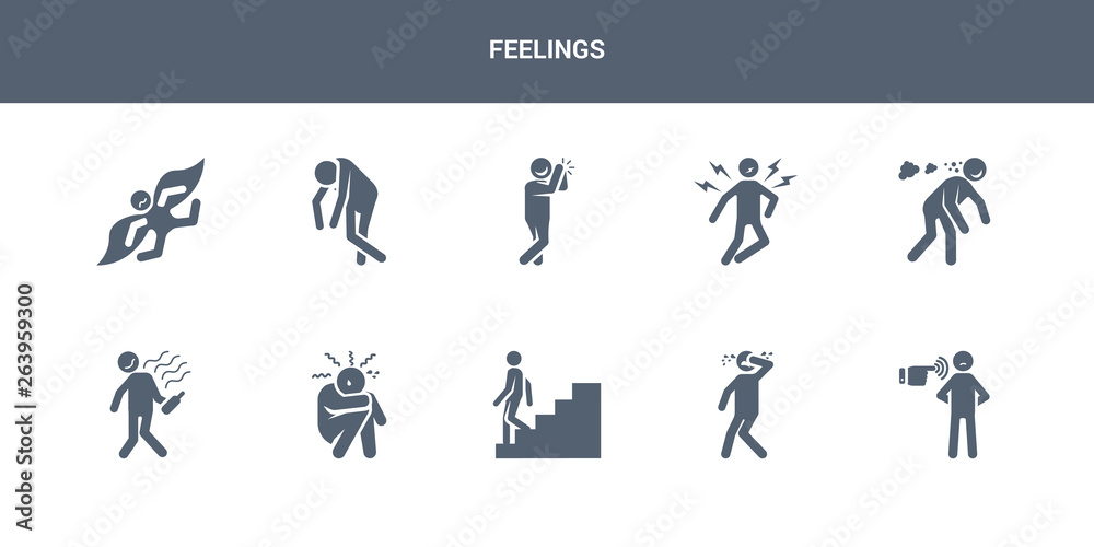 10 feelings vector icons such as depressed human, determined human, disappointed human, down drained contains drunk ecstatic emotional energized excited feelings icons