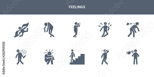 10 feelings vector icons such as depressed human, determined human, disappointed human, down drained contains drunk ecstatic emotional energized excited feelings icons