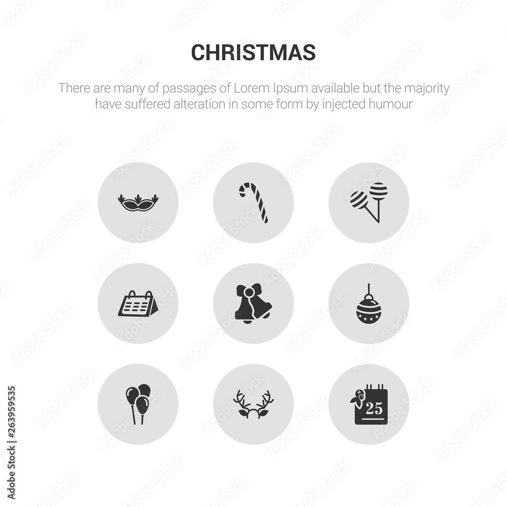 9 round vector icons such as 25-dec, antlers, balloons, bauble, bells contains calendar, candy, candy canes, carnival mask. 25-dec, antlers, icon3_, gray christmas icons