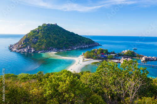 Seascape morning sunny day blue sky with idyllic island